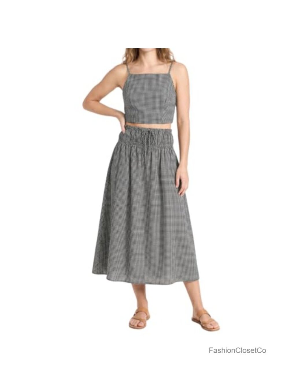 Women's 100% Linen 2 Piece Midi Skirt Set Square Neck Cami A-Line